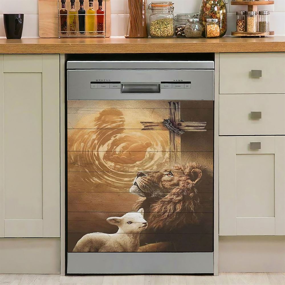 Hand Of God Lion Lamb Cross Dishwasher Cover, Lion Dishwasher Stickers, Christian Inspirational Kitchen Decor