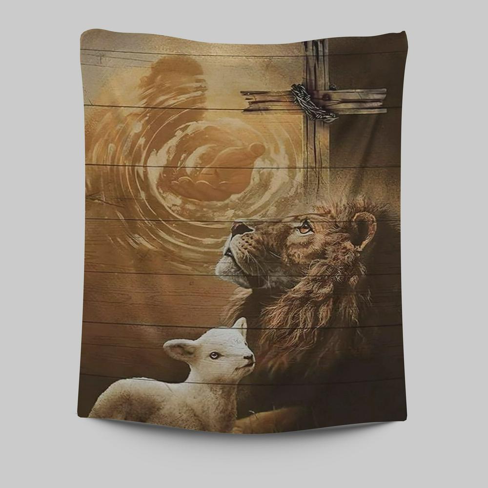 Hand Of God Lion Lamb Cross Tapestry Prints - Lion Tapestry Art - Christian Inspirational Tapestry