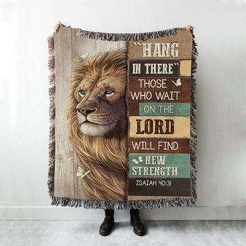 Hang In There Lion White Butterfly Woven Blanket Art - Bible Verse Throw Blanket - Christian Inspirational Boho Blanket