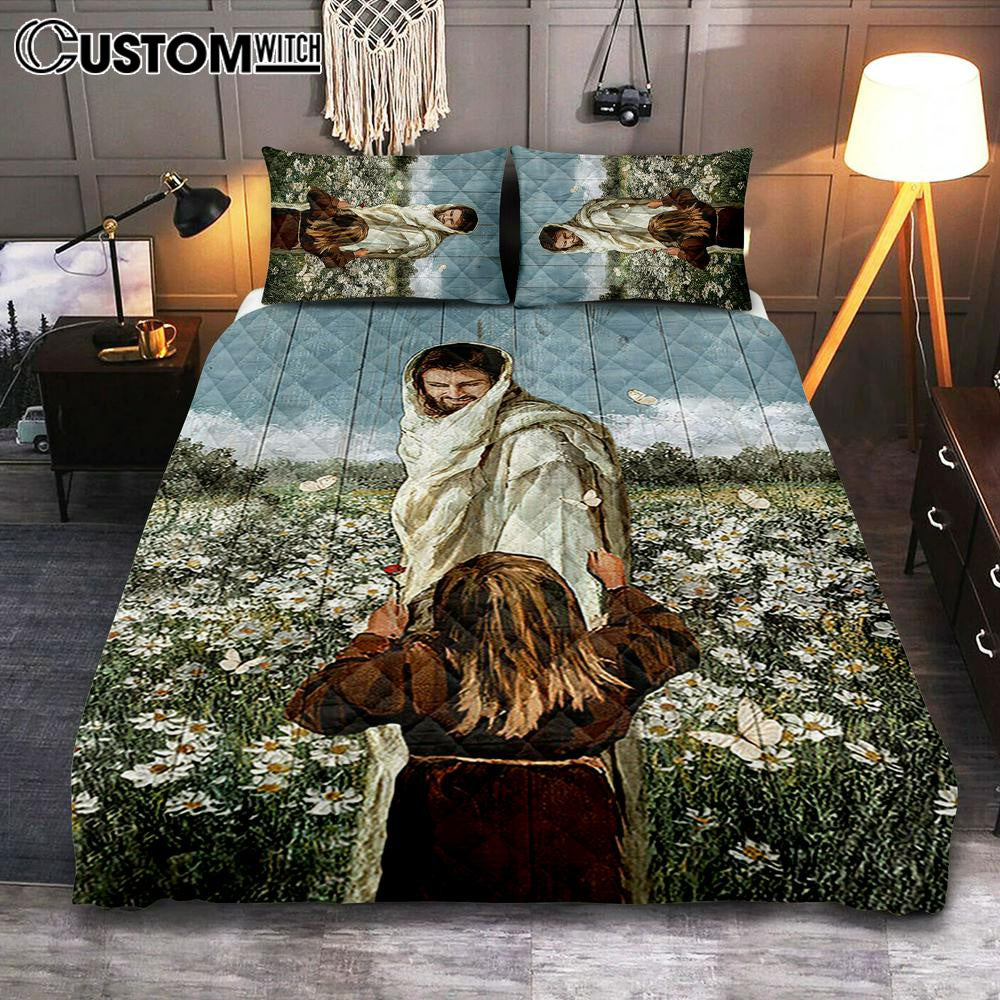 Happy Jesus Little Girl Daisy Field White Butterfly Quilt Bedding Set - Christian Bedroom - Religious Home Decor