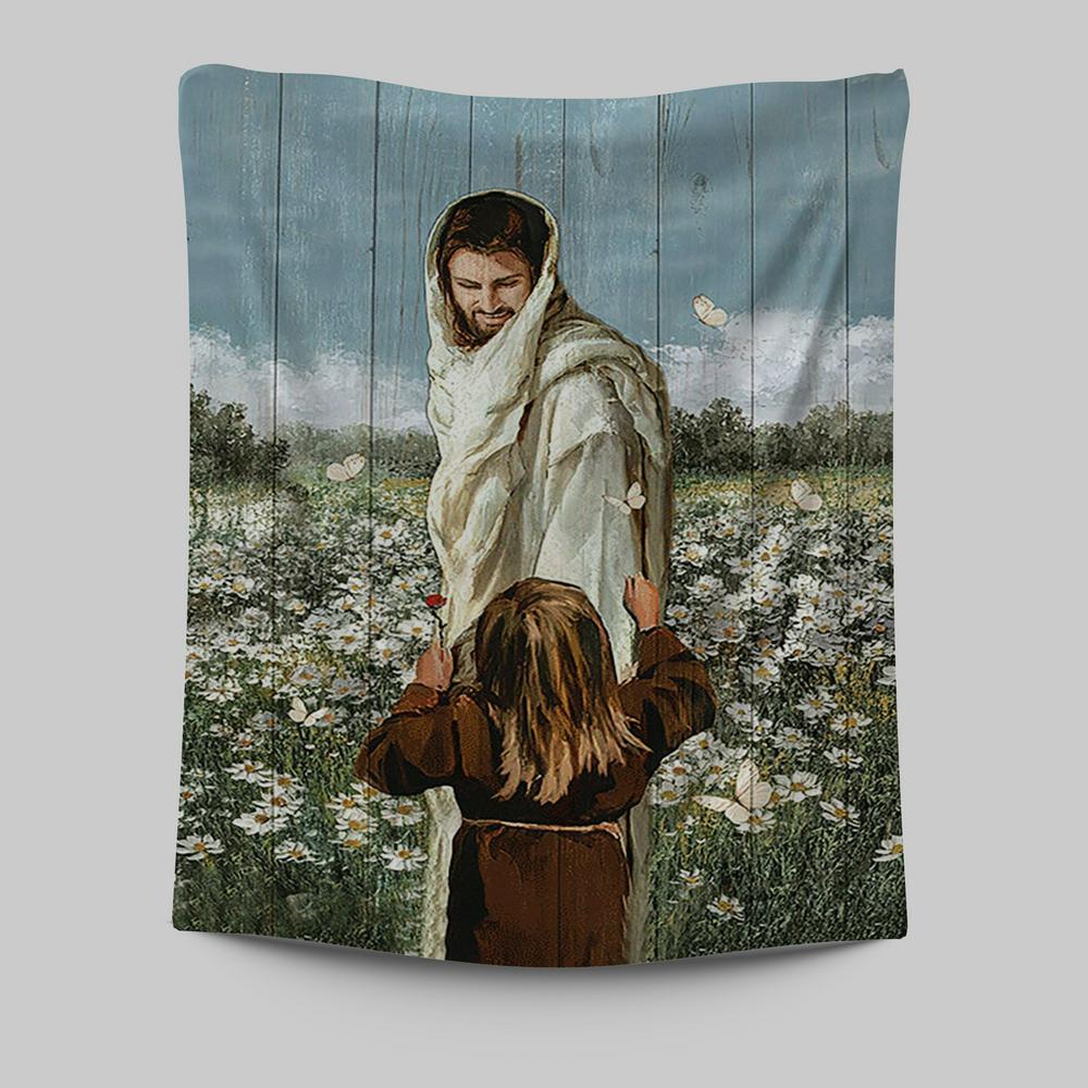 Happy Jesus Little Girl Daisy Field White Butterfly Tapestry - Christian Wall Art - Religious Home Decor