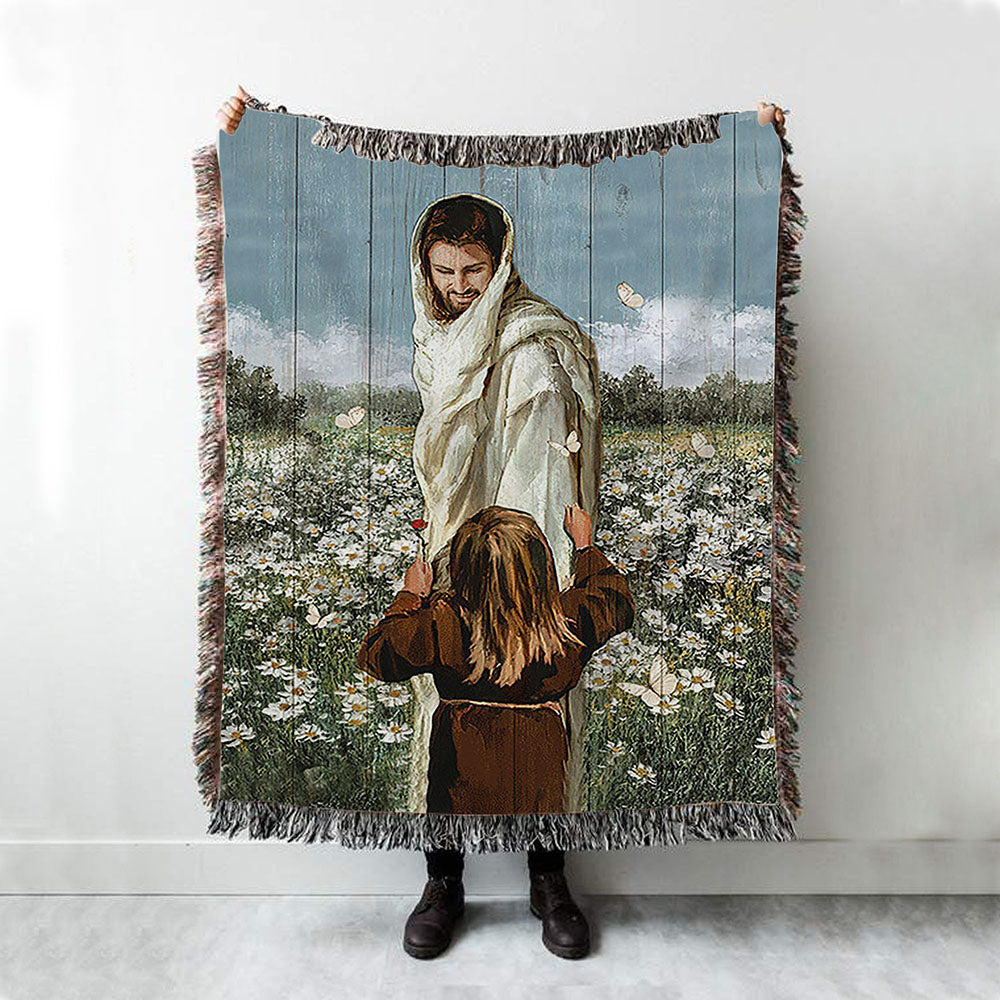 Happy Jesus Little Girl Daisy Field White Butterfly Woven Blanket - Christian Throw Blanket - Religious Home Decor