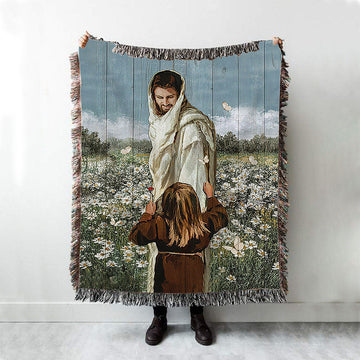 Happy Jesus Little Girl Daisy Field White Butterfly Woven Blanket - Christian Throw Blanket - Religious Home Decor