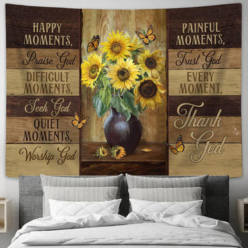 Happy Moment Praise God Sunflower Vase Butterfly Tapestry Prints - Religious Tapestry Art - Christian Home Decor