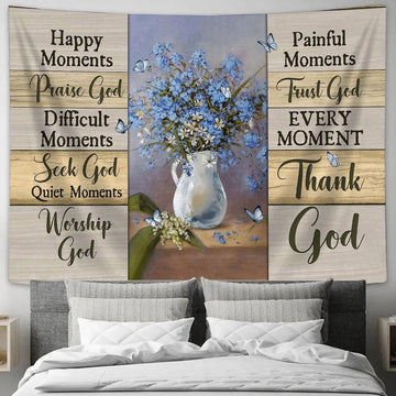 Happy Moment Thank God Blue Flower Butterfly Wall Art Tapestry - Christian Wall Art - Religious Art