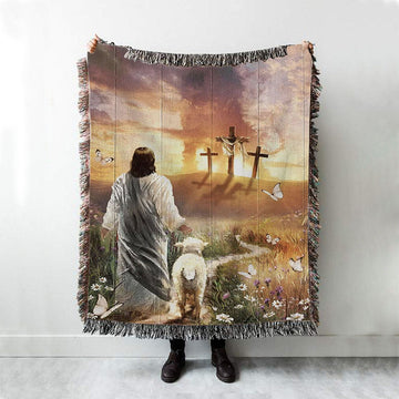 Have Faith On His Way Jesus Cross Lion Woven Throw Blanket - Christian Throw Blanket Decor - Religious Woven Blanket Prints