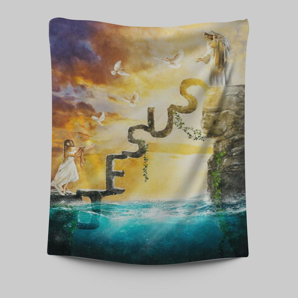 Have Faith Reaching His Hand Beautiful Girl Jesus Tapestry Wall Art - Christian Wall Art Decor - Religious Tapestries Wall Hanging Prints