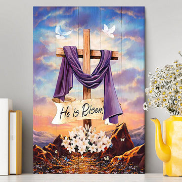 He Is Risen Cross Purple Ribbon Lily Flower Canvas Art - Bible Verse Wall Art - Christian Inspirational Wall Decor