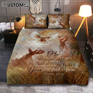 He Will Cover You With His Feathers Quilt Bedding Set - Beautiful Dove Jesus&#39;s Hand Quilt Bedding Set Art - Bible Verse Bedroom