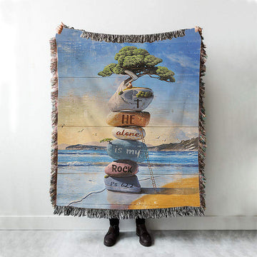 He Alone Is My Rock Rock Cairn Bonsai Woven Blanket Art - Bible Verse Throw Blanket - Christian Inspirational Boho Blanket