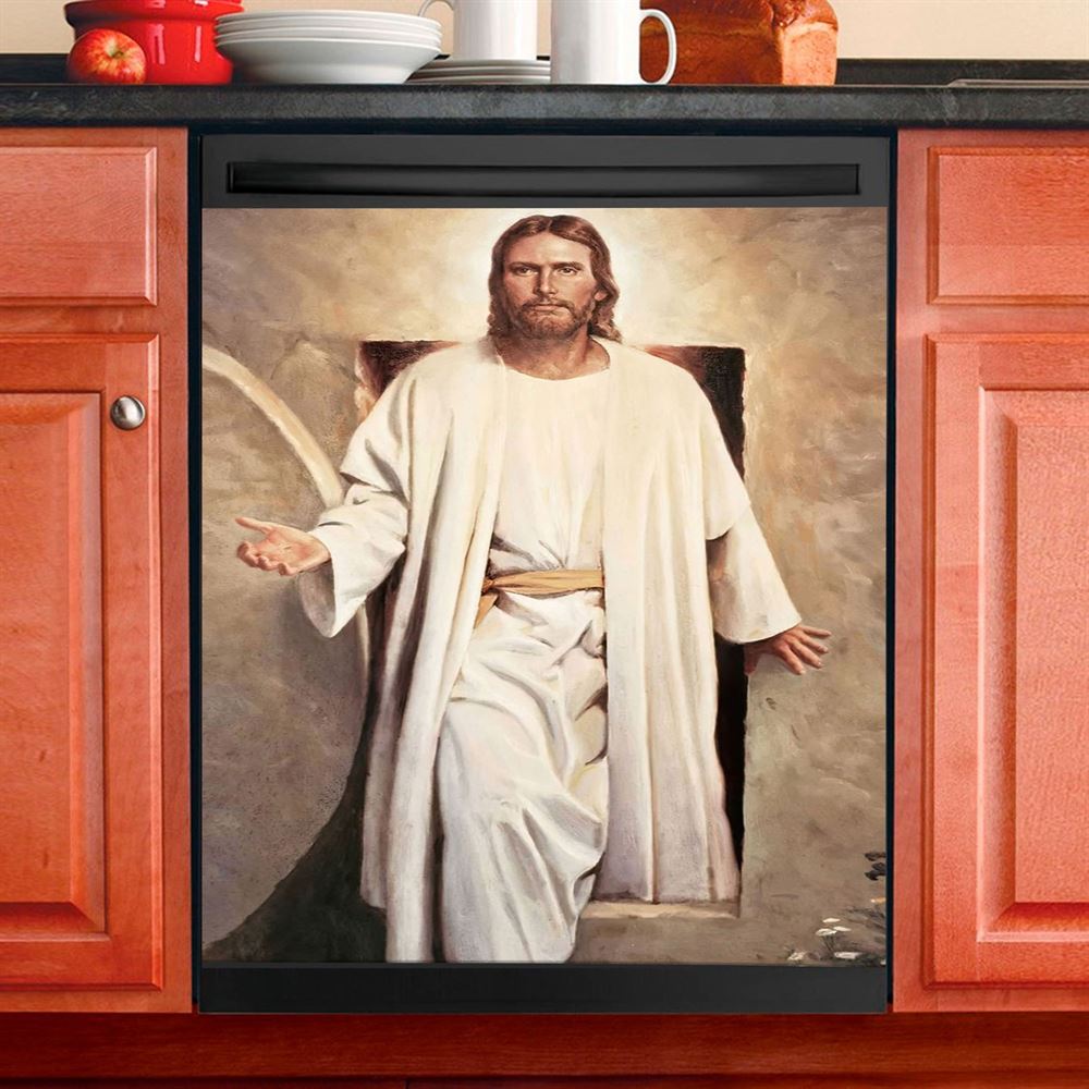 He Is Risen Cross Purple Ribbon Lily Flower Dishwasher Cover, Bible Verse Dishwasher Stickers, Christian Inspirational Kitchen Decor