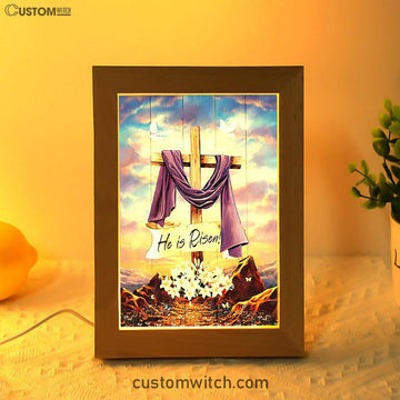 He Is Risen Cross Purple Ribbon Lily Flower Frame Lamp Art - Bible Verse Art - Christian Inspirational Decor