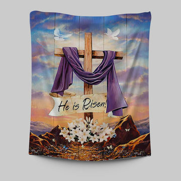 He Is Risen Cross Purple Ribbon Lily Flower Tapestry Art - Bible Verse Wall Art - Christian Inspirational Wall Decor
