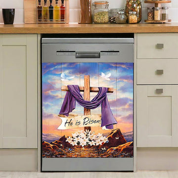He Is Risen Easter Bunny Cross Lily Flower White Butterfly Purple Silk Dishwasher Cover, Bible Verse Dishwasher Stickers, Christian Kitchen Decor