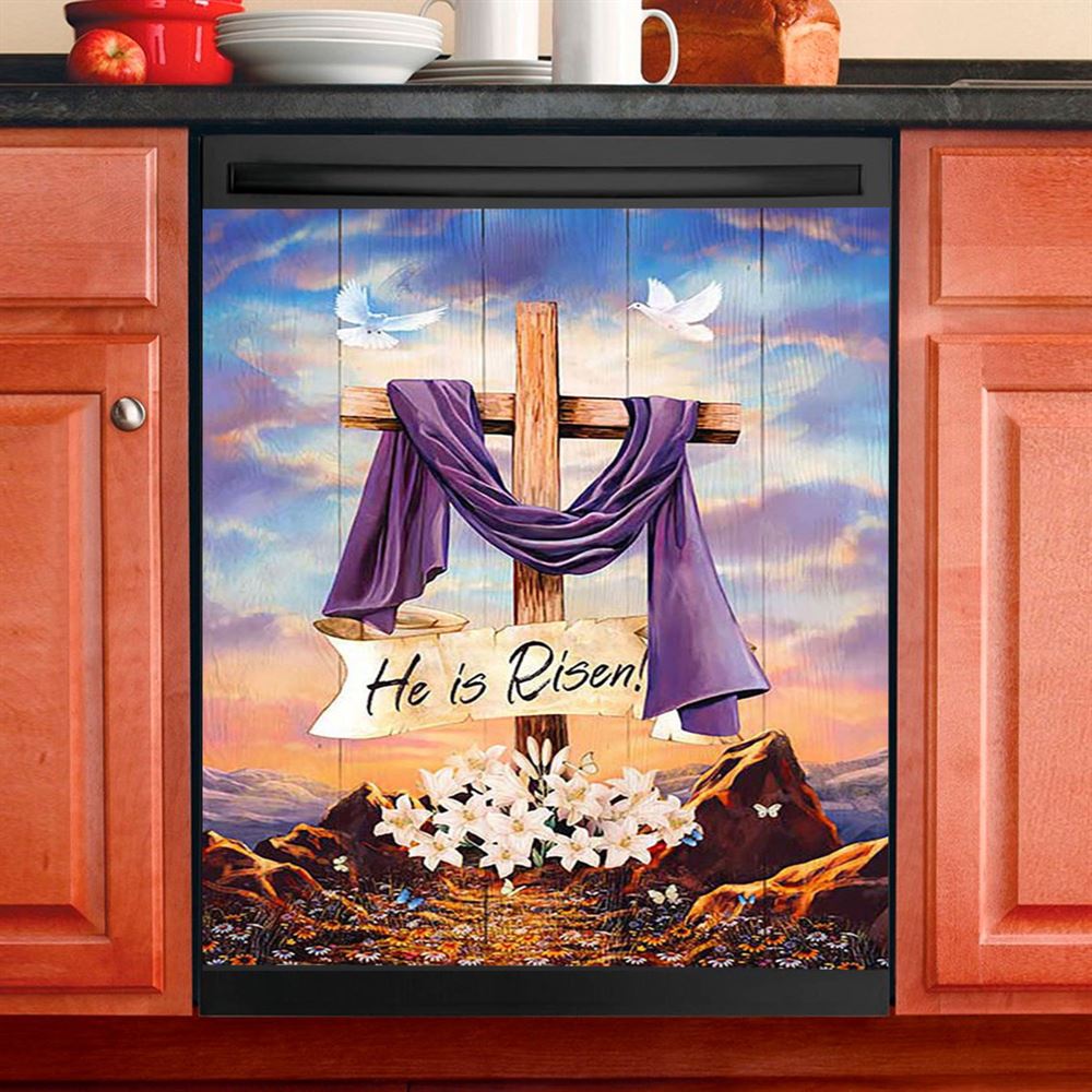 He Is Risen Easter Bunny Cross Lily Flower White Butterfly Purple Silk Dishwasher Cover, Bible Verse Dishwasher Stickers, Christian Kitchen Decor