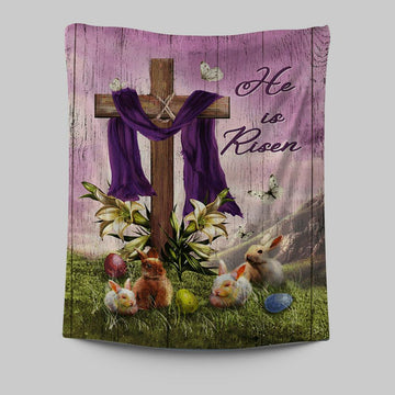 He Is Risen Easter Bunny Cross Lily Flower White Butterfly Purple Silk Tapestry Art - Bible Verse Wall Art - Christian Inspirational Wall Decor