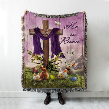 He Is Risen Easter Bunny Cross Lily Flower White Butterfly Purple Silk Woven Blanket Art - Bible Verse Throw Blanket - Christian Inspirational Boho Blanket