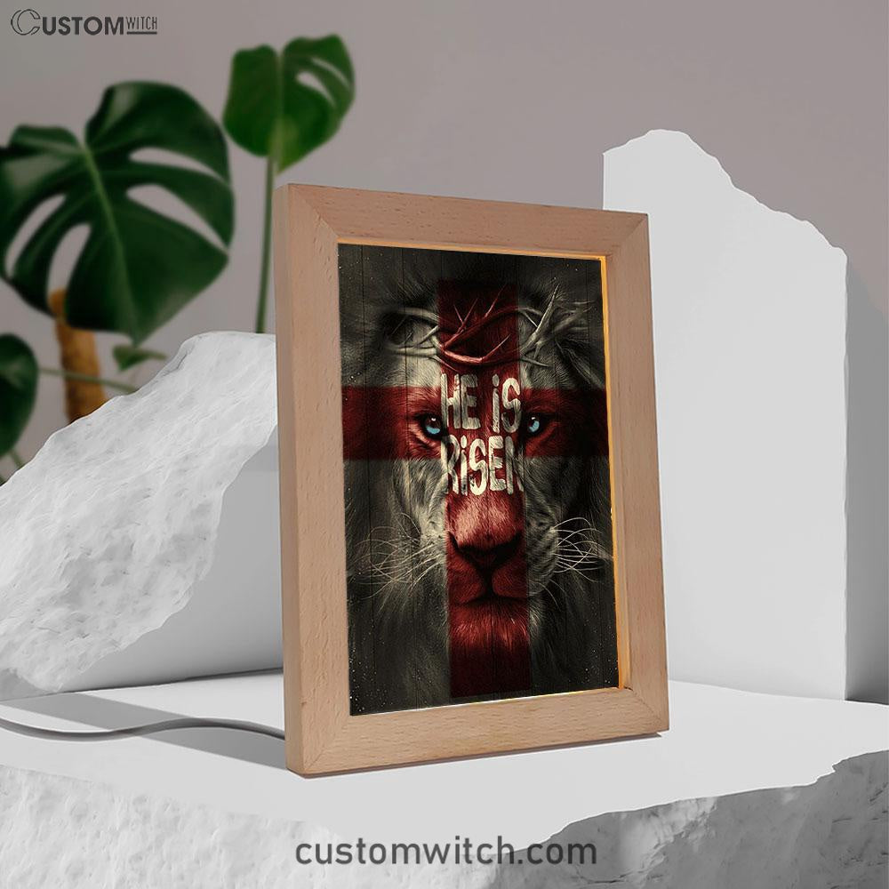 He Is Risen Lion Cross Frame Lamp Art - Bible Verse Art - Christian Inspirational Decor