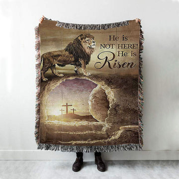 He Is Risen Woven Blanket - The Empty Tomb Lion Woven Blanket Art - Bible Verse Throw Blanket - Christian Inspirational Boho Blanket