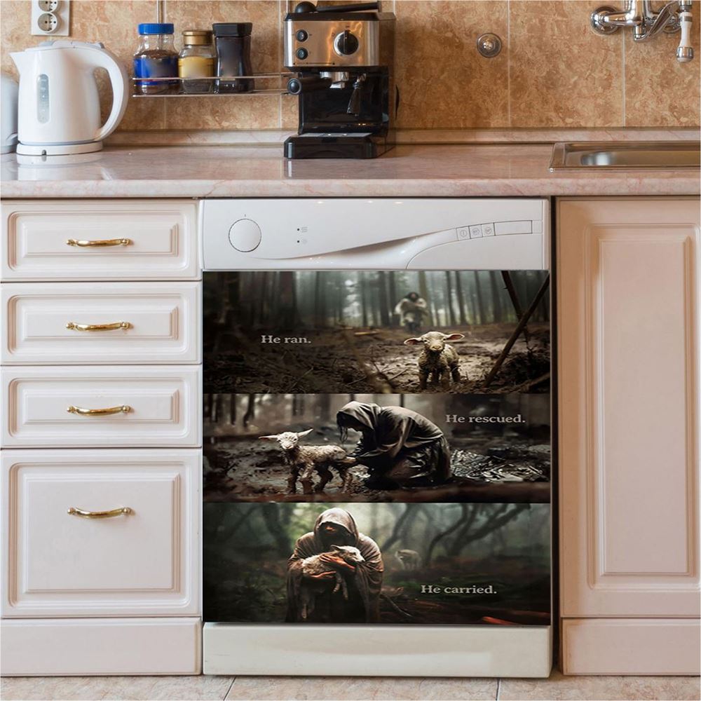 He Ran He Rescued He Carried Dishwasher Cover, Christian Dishwasher Stickers, Jesus and Lost Sheep Kitchen Decor