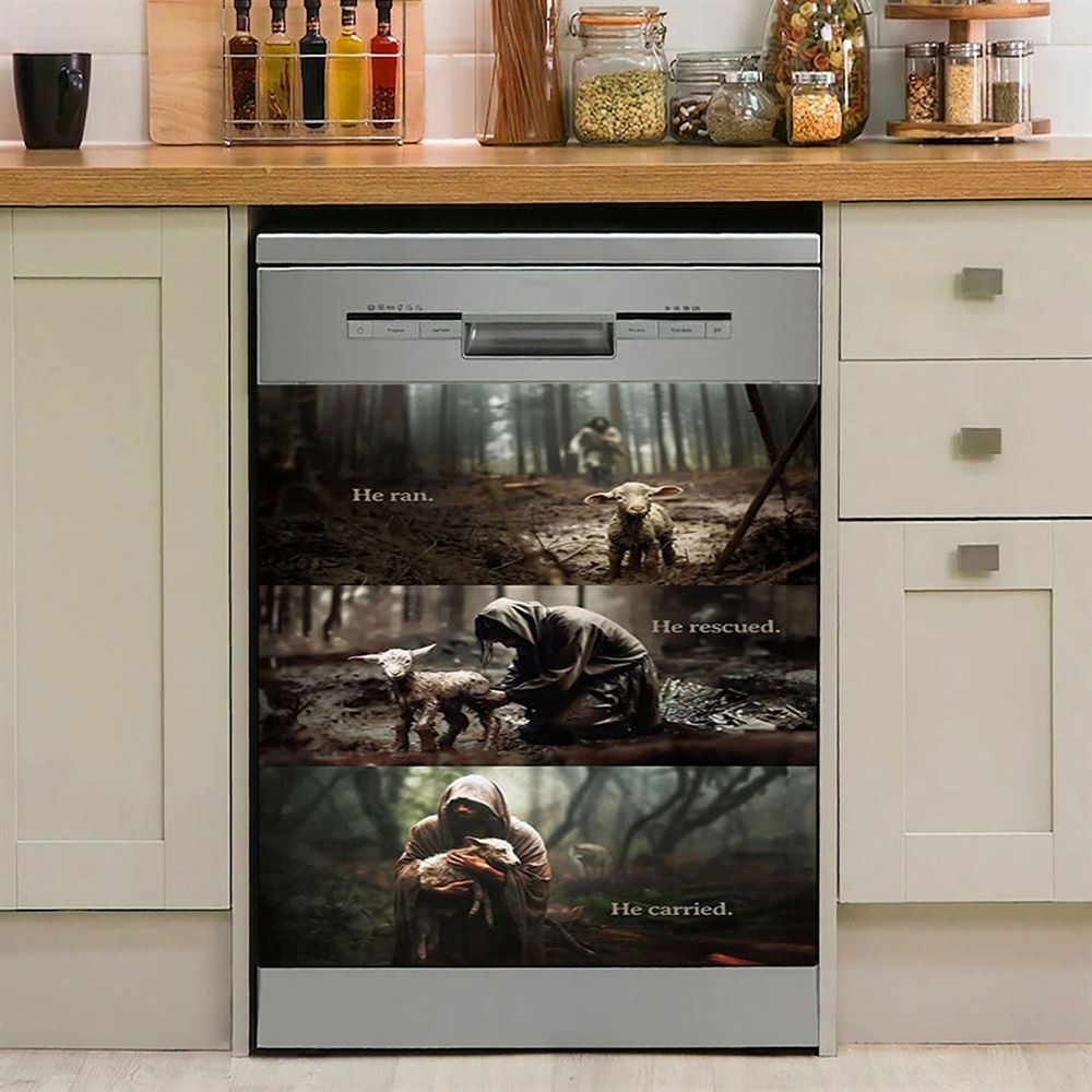 He Ran He Rescued He Carried Dishwasher Cover, Jesus and Lost Sheep Dishwasher Stickers