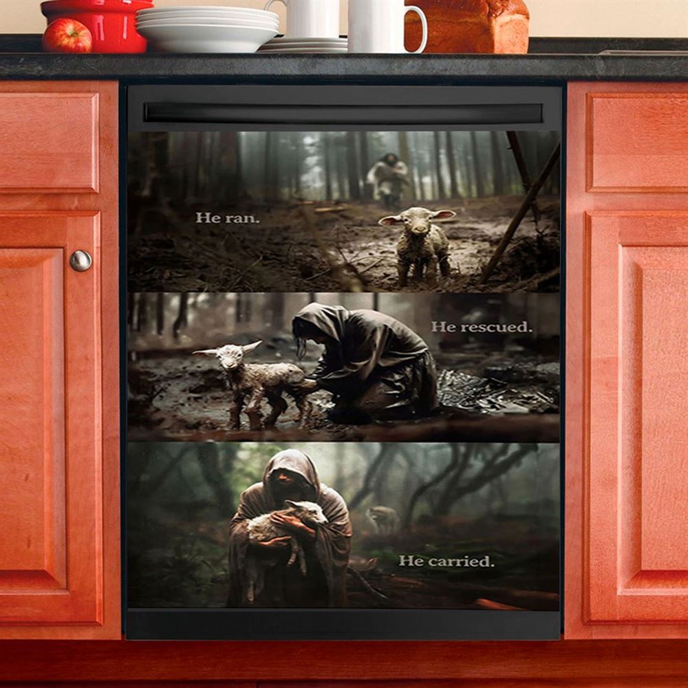 He Ran He Rescued He Carried Dishwasher Cover, Jesus and Lost Sheep Dishwasher Stickers, Christian Kitchen Decor