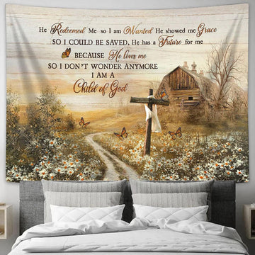 He Redeemed Me Tapestry - Beautiful Farm Old Cross Daisy Field Butterfly Large Tapestry Art - Christian Wall Decor - Religious Wall Decor