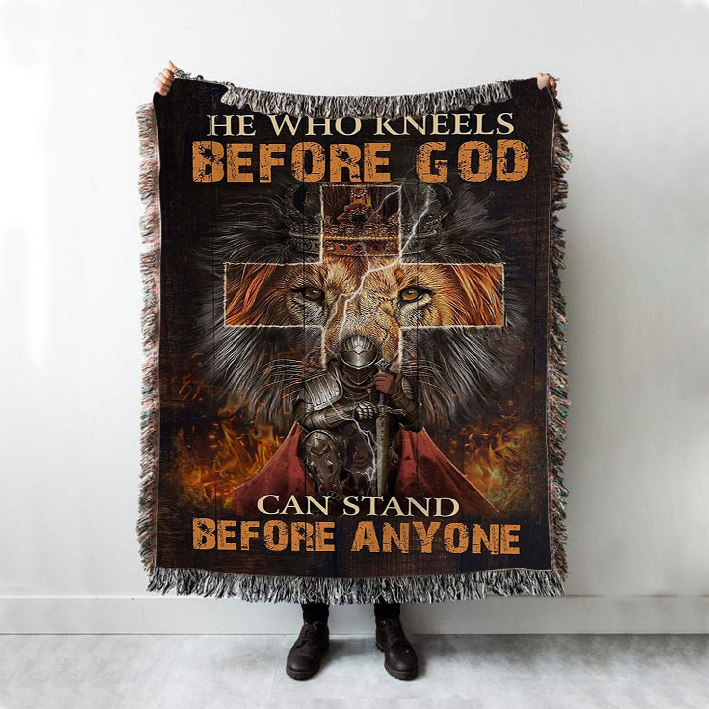 He Who Kneels Before God Woven Blanket - Warrior Of Christ Lion Of Judah Woven Blanket Art - Christian Art - Bible Verse Throw Blanket - Religious Home Decor