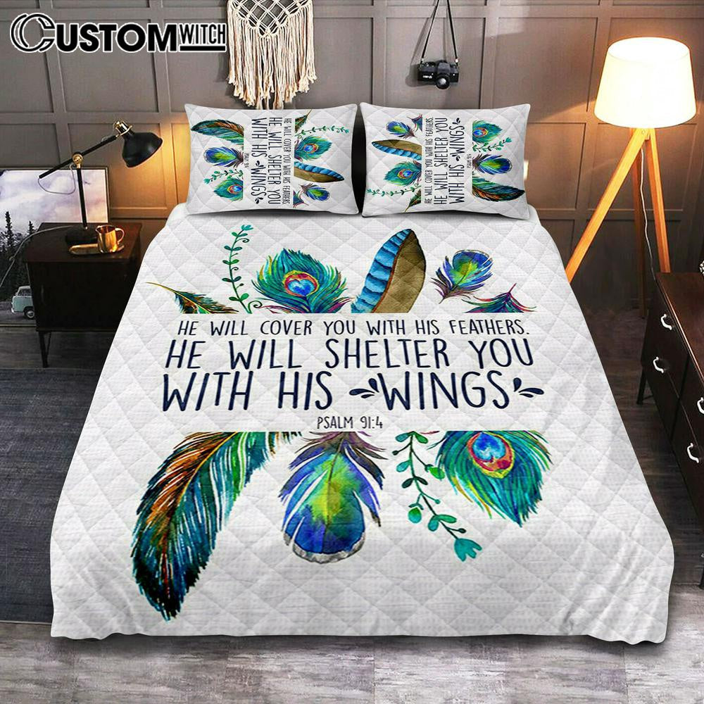 He Will Cover You With His Feathers Bedroom Quilt Bedding Set - Christian Quilt Bedding Set Bedroom Decor