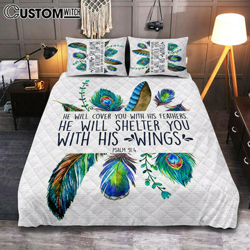 He Will Cover You With His Feathers Bedroom Quilt Bedding Set - Christian Quilt Bedding Set Bedroom Decor