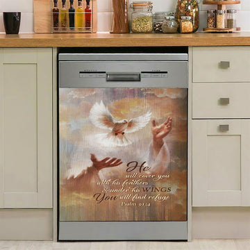 He Will Cover You With His Feathers Dishwasher Cover, Beautiful Dove Jesus&#39;s Hand Dishwasher Stickers, Bible Verse Kitchen Decor