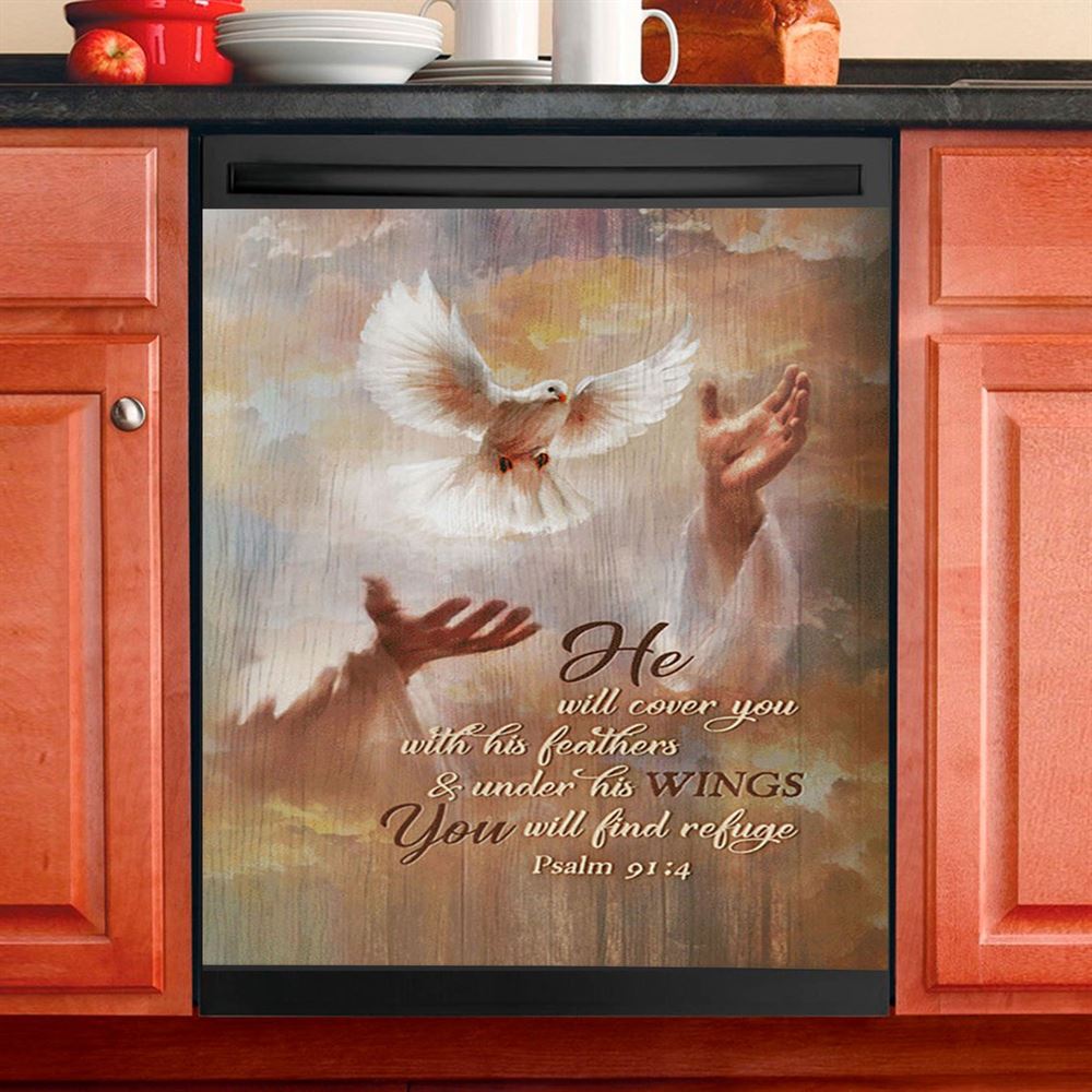 He Will Cover You With His Feathers Dishwasher Cover, Beautiful Dove Jesus&#39;s Hand Dishwasher Stickers, Bible Verse Kitchen Decor