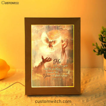 He Will Cover You With His Feathers Frame Lamp - Beautiful Dove Jesus's Hand Frame Lamp Art - Bible Verse Art - Christian Inspirational Decor