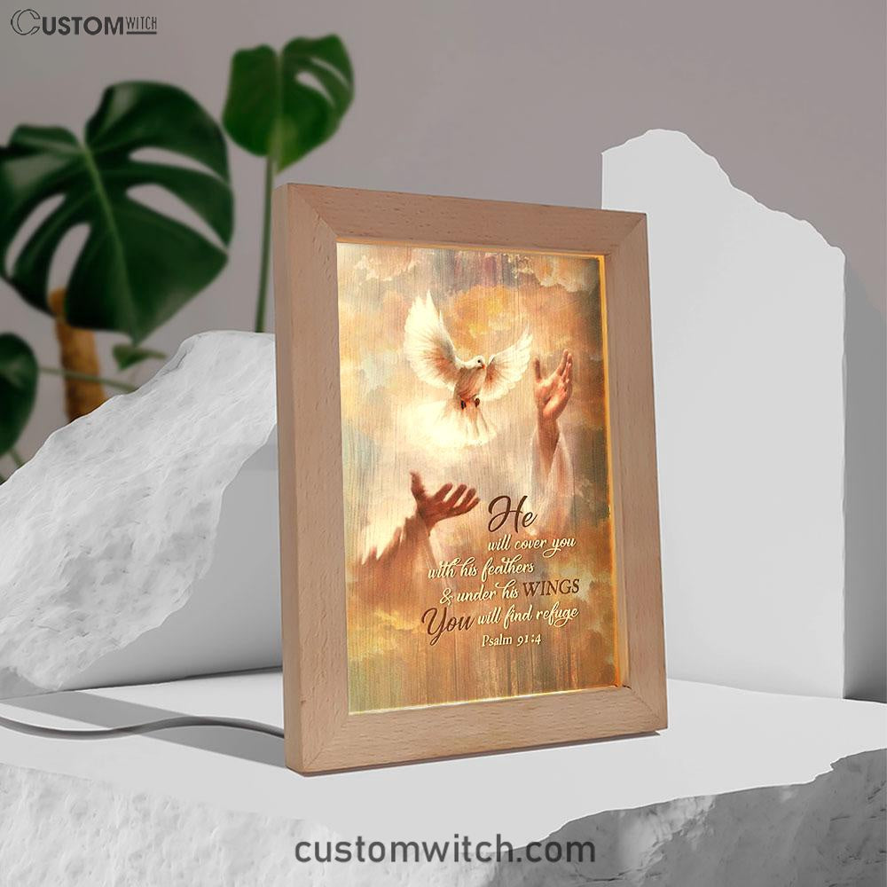 He Will Cover You With His Feathers Frame Lamp - Beautiful Dove Jesus's Hand Frame Lamp Art - Bible Verse Art - Christian Inspirational Decor