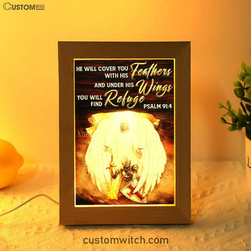 He Will Cover You With His Feathers Frame Lamp - Jesus Angel Wings Warrior Frame Lamp Art - Christian Art Decor - Religious Gifts Night Light