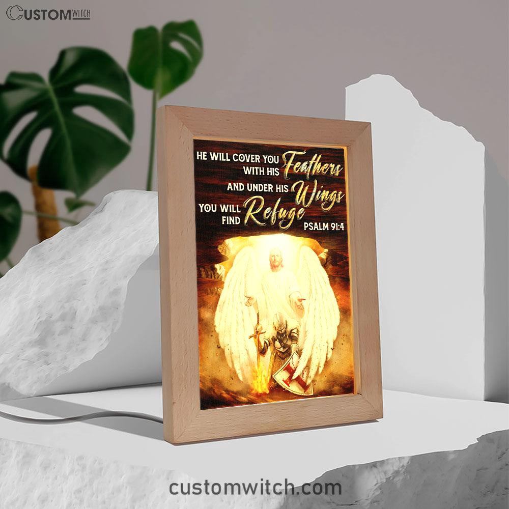 He Will Cover You With His Feathers Frame Lamp - Jesus Angel Wings Warrior Frame Lamp Art - Christian Art Decor - Religious Gifts Night Light