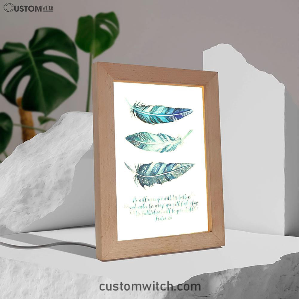 He Will Cover You With His Feathers Frame Lamp Art - Psalm 91 4 - Christian Night Light Decor