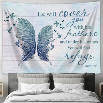 He Will Cover You With His Feathers Psalm 914 Bible Verse Tapestry Wall Art _9138 - Christian Wall Decor