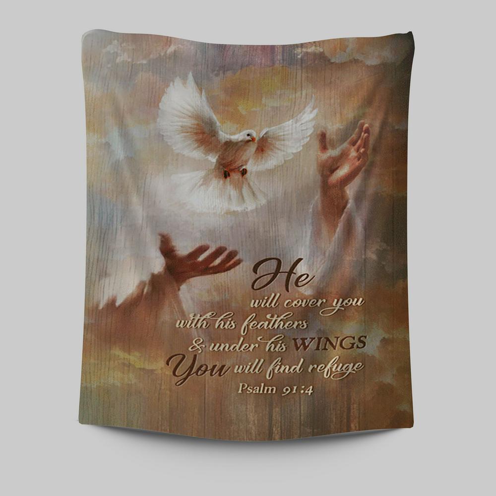 He Will Cover You With His Feathers Tapestry - Beautiful Dove Jesus&#39;s Hand Tapestry Art - Bible Verse Wall Art - Christian Inspirational Wall Decor