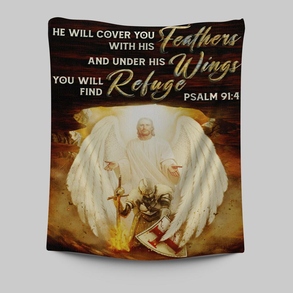 He Will Cover You With His Feathers Tapestry - Jesus Angel Wings Warrior Tapestry - Christian Wall Art Decor - Religious Tapestries Wall Hanging Prints