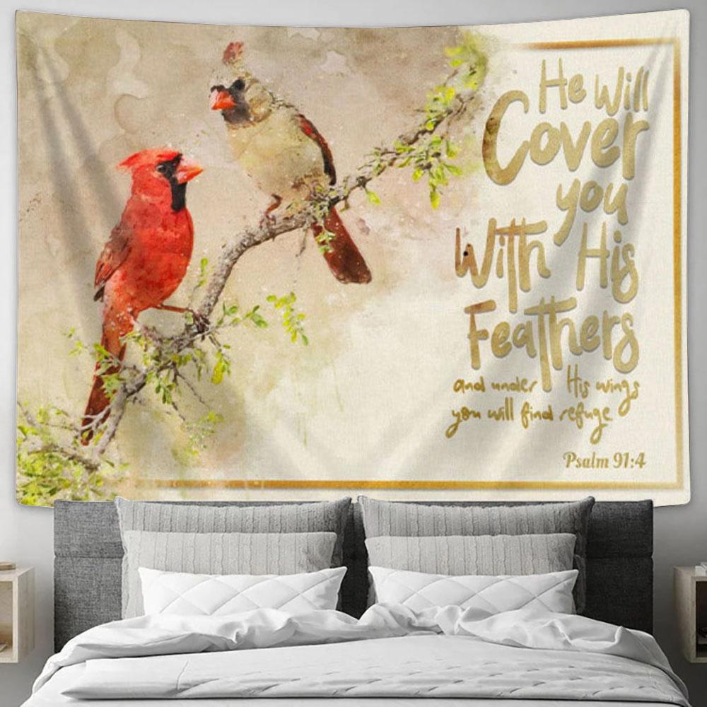 He Will Cover You With His Feathers Tapestry Wall Art - Couple Cardinal - Christian Wall Decor