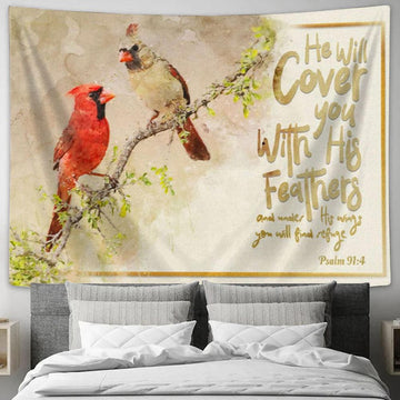 He Will Cover You With His Feathers Tapestry Wall Art - Couple Cardinal - Christian Wall Decor