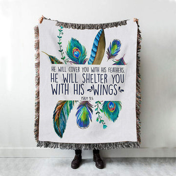 He Will Cover You With His Feathers Throw Blanket Woven Blanket - Christian Woven Throw Blanket Decor