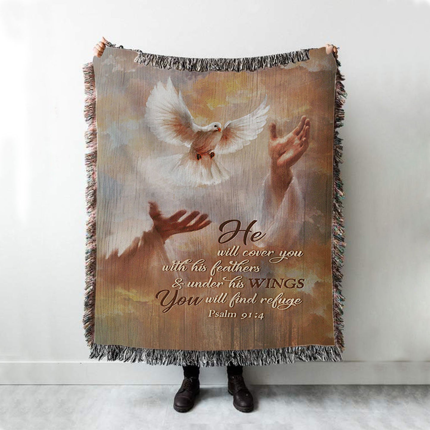 He Will Cover You With His Feathers Woven Blanket - Beautiful Dove Jesus&#39;s Hand Woven Blanket Art - Bible Verse Throw Blanket - Christian Inspirational Boho Blanket