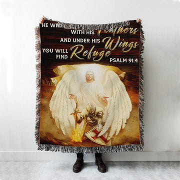 He Will Cover You With His Feathers Woven Blanket - Jesus Angel Wings Warrior Woven Blanket Wall Art - Christian Wall Art Decor - Religious Woven Blanket Prints
