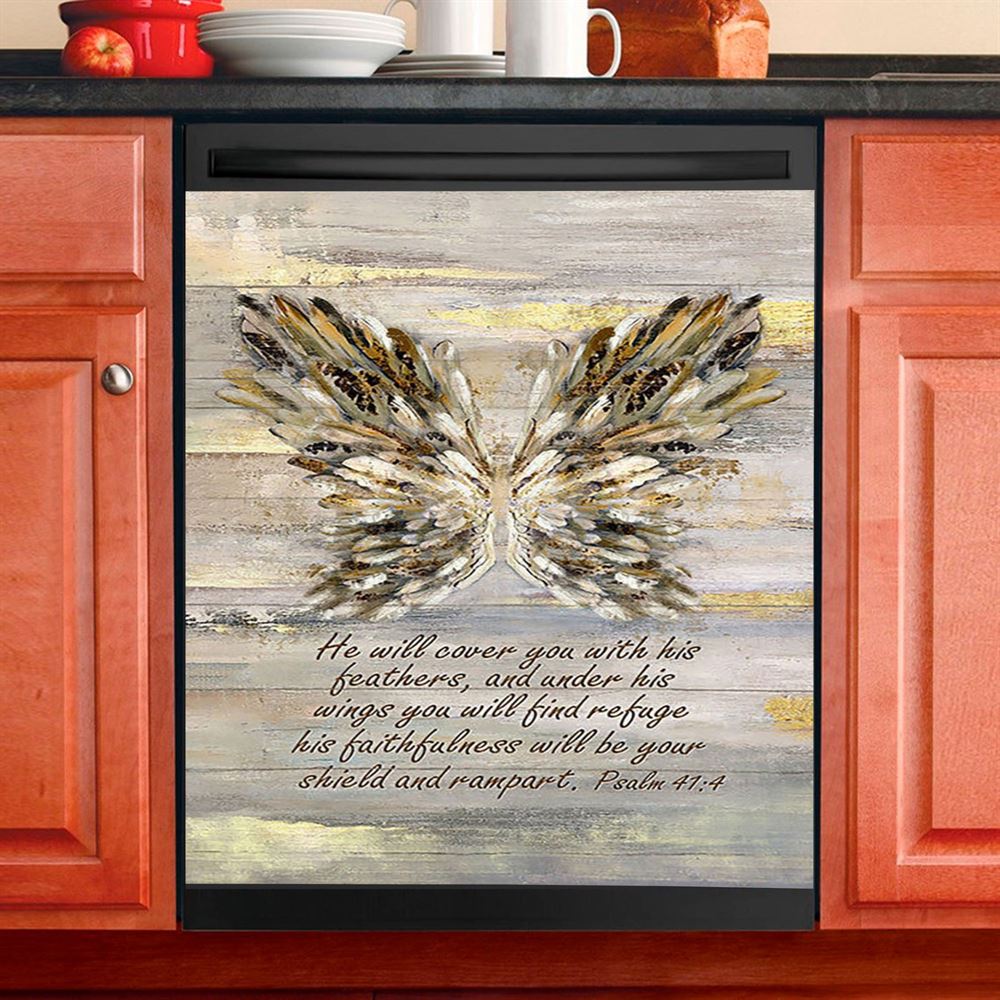 He Will Cover You With This Feathers Abstract Wings Dishwasher Cover, Christian Dishwasher Stickers, Religious Kitchen Decor