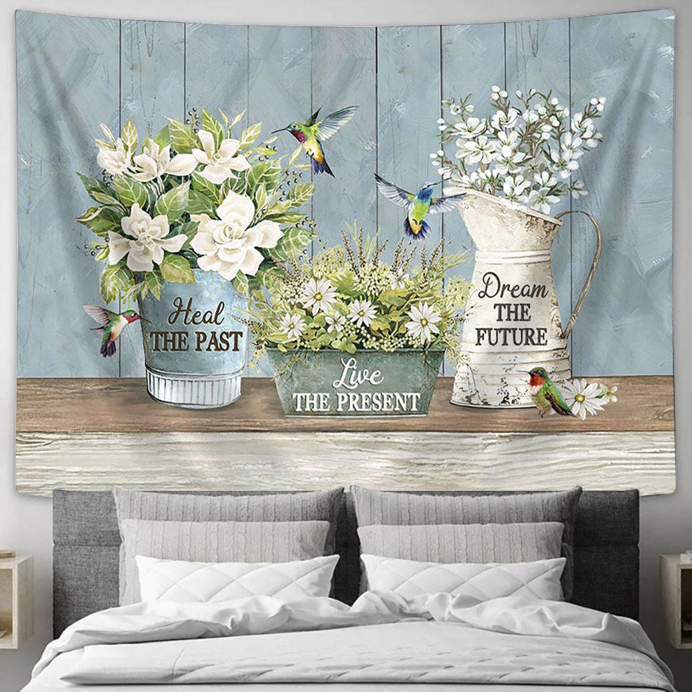 Heal The Past Live The Present White Flower Garden Hummingbird Tapestry Prints - Religious Tapestry Art - Christian Home Decor