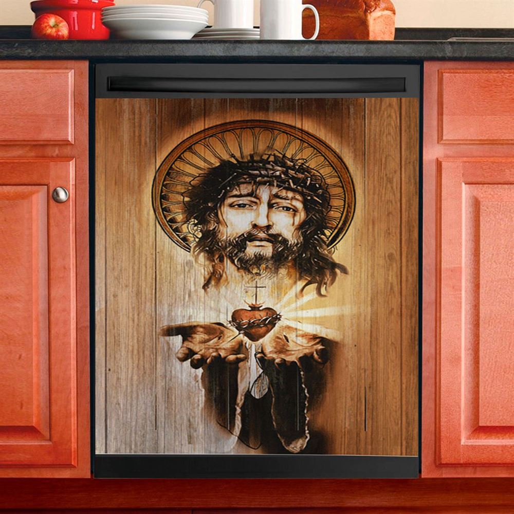 Heart Jesus Face Crown Of Thorn Jesus Dishwasher Cover, Christian Dishwasher Stickers, Bible Verse Kitchen Decor