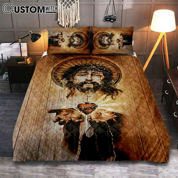 Heart Jesus Face Crown Of Thorn Jesus Quilt Bedding Set Bedroom - Christian Quilt Bedding Set Prints - Bible Verse Quilt Bedding Set Art