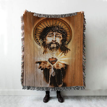 Heart Jesus Face Crown Of Thorn Jesus Woven Throw Blanket - Christian Woven Blanket Prints - Bible Verse Woven Blanket Art